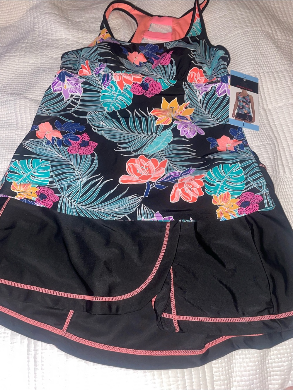 ZeroXposur Black Floral Tankini with Coral, Teal & Purple Accents